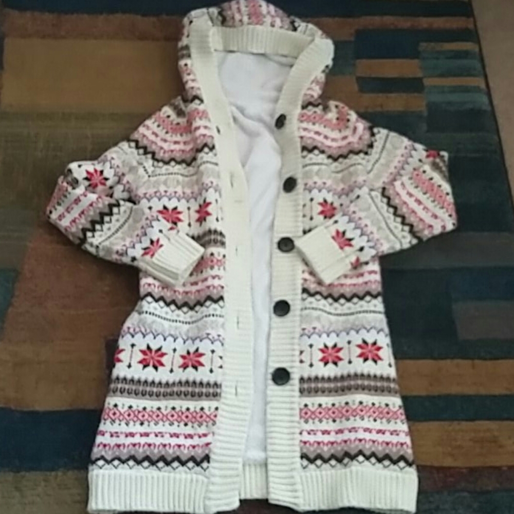 sweater long above knee/ button up / hood/ warm/ lined , well made and warm